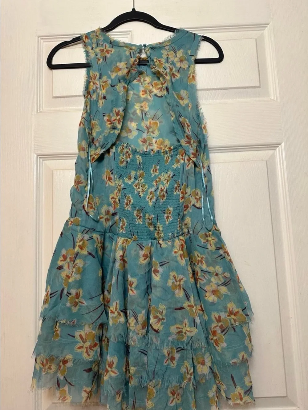 Free People Aqua Floral Ruffled Mini Dress